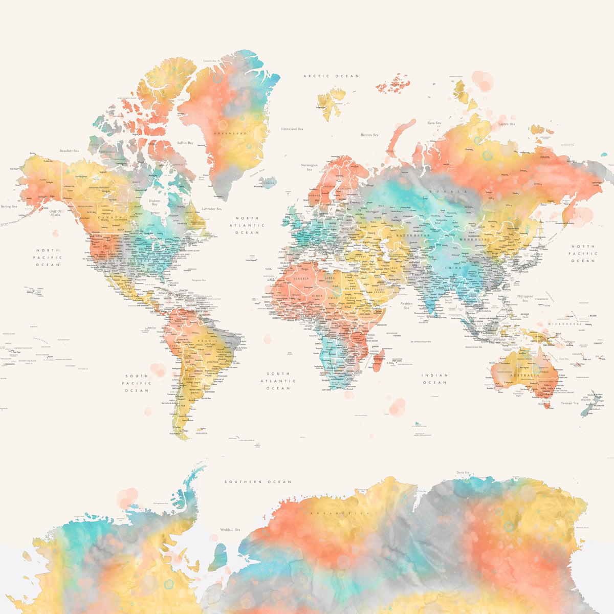 Multicolor Watercolor World Map Wallpaper in your room