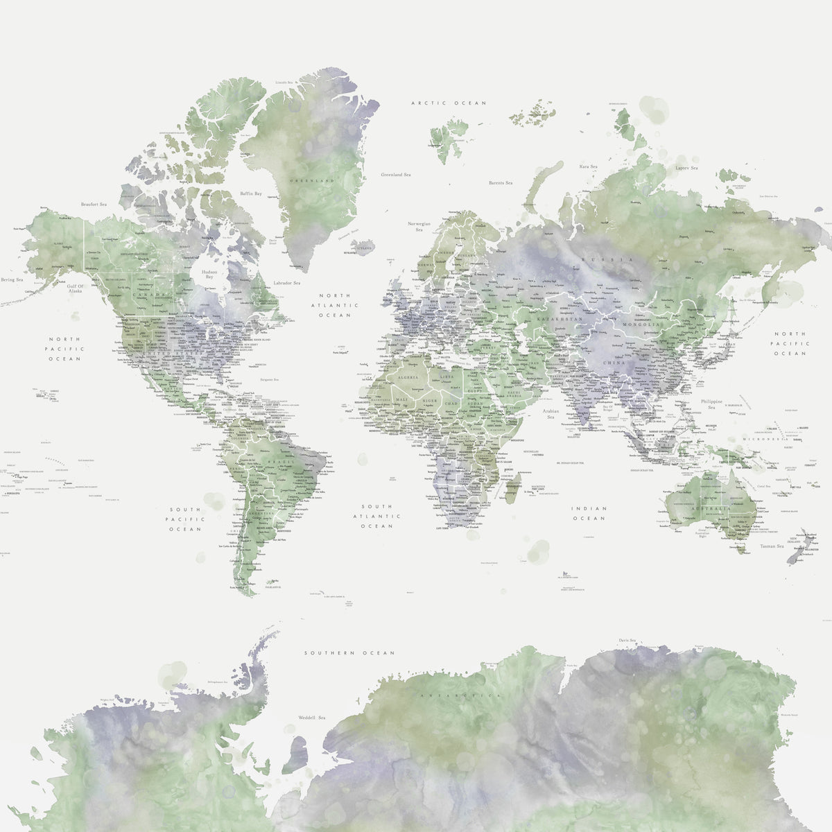 Sage Green Watercolor World Map Wallpaper in your room
