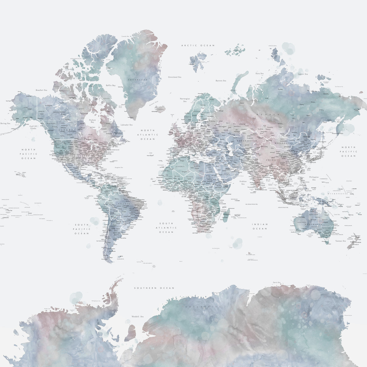 Dusty Blue Watercolor World Map Wallpaper in your room