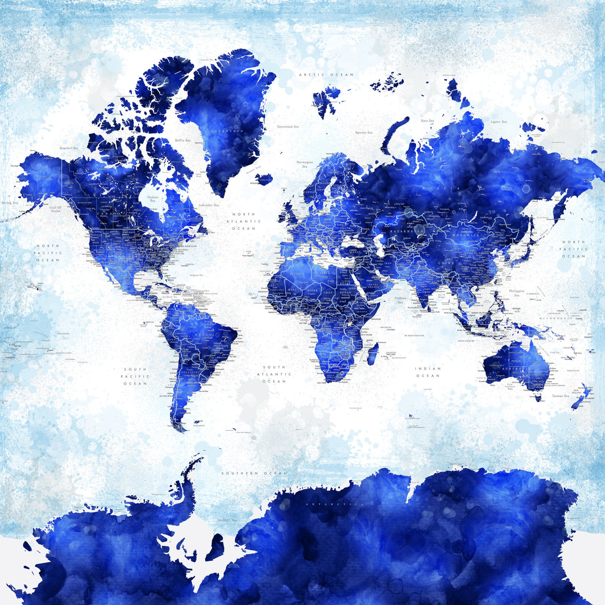 Navy Blue Watercolor World Map Wallpaper in your room — zoomed