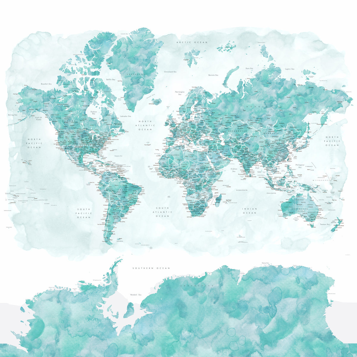 Aqua Blue  Watercolor World Map Wallpaper in your room