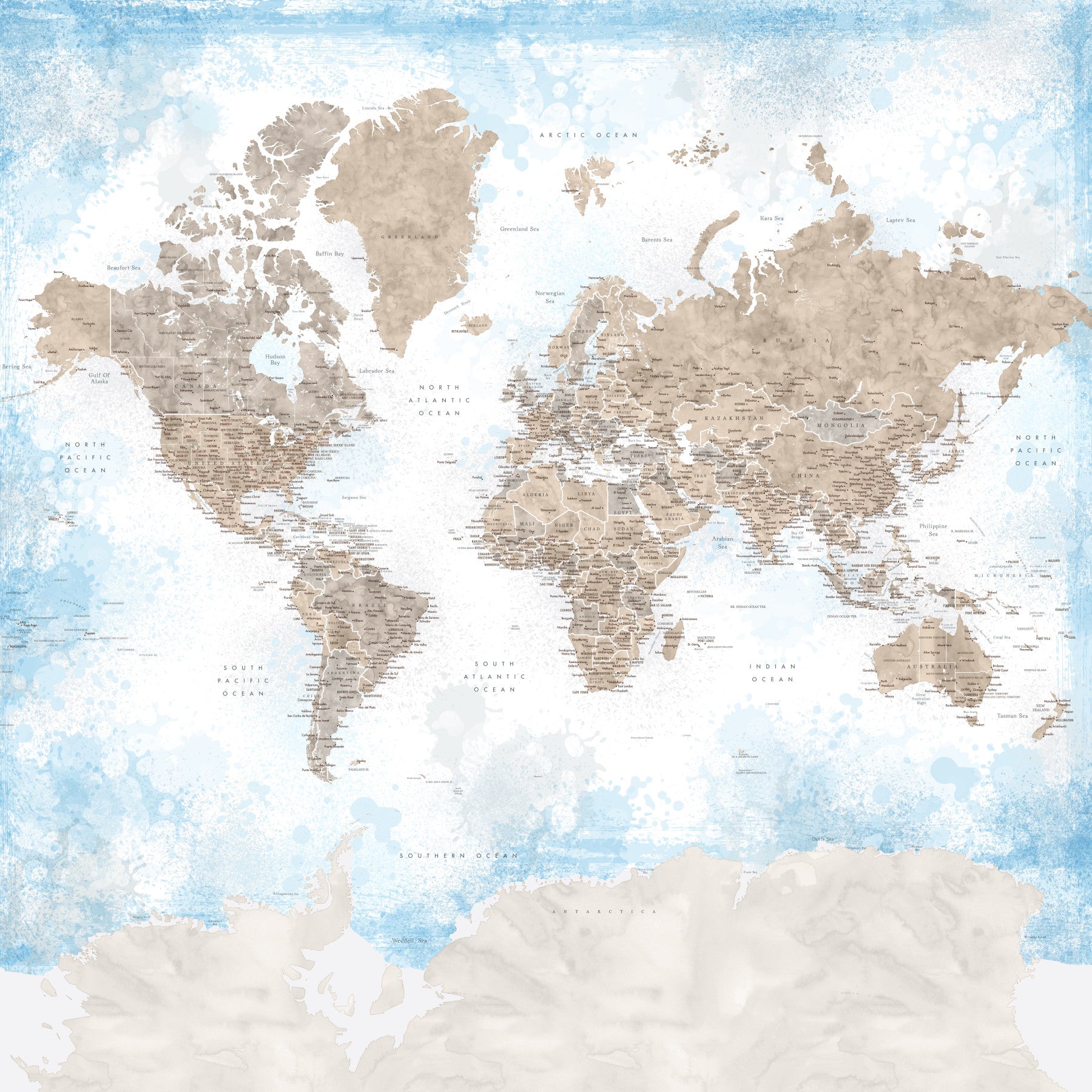 Beige and Sky Blue Watercolor World Map Wallpaper in your room — zoomed
