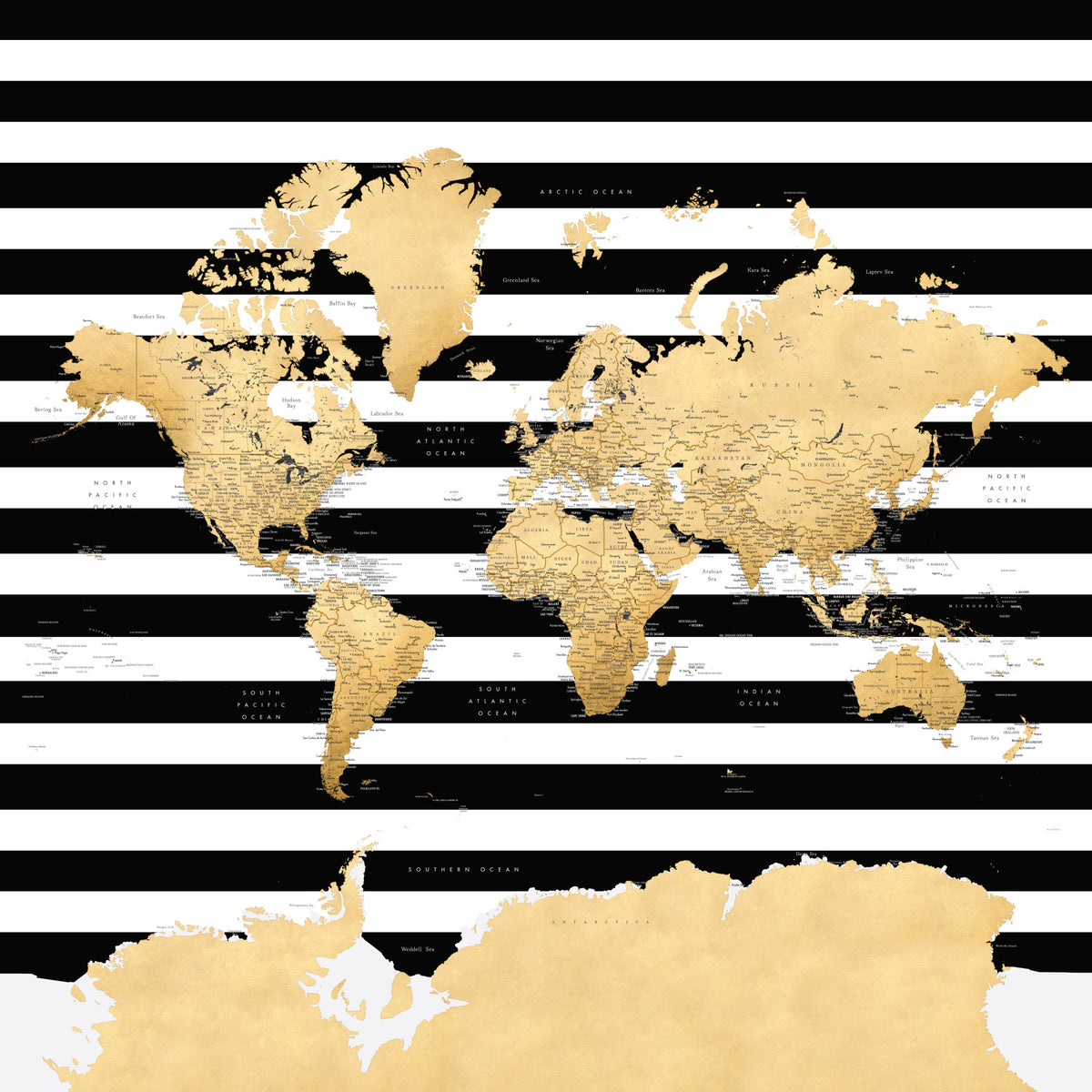 Gold and Black Watercolor World Map Wallpaper in your room
