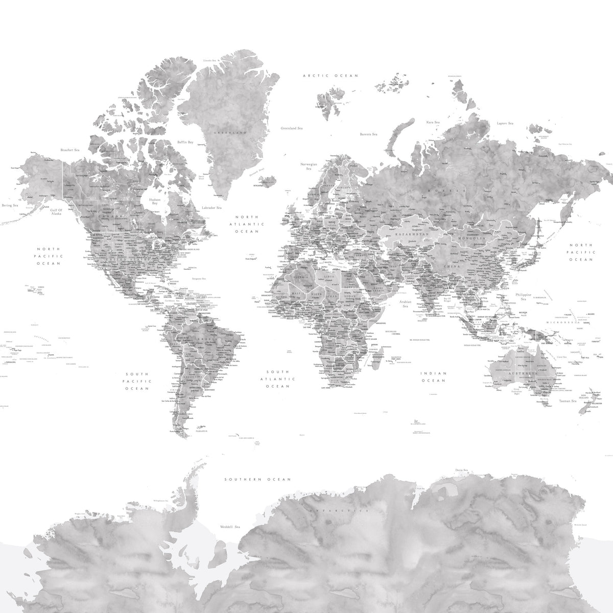 Gray Watercolor World Map Wallpaper in your room