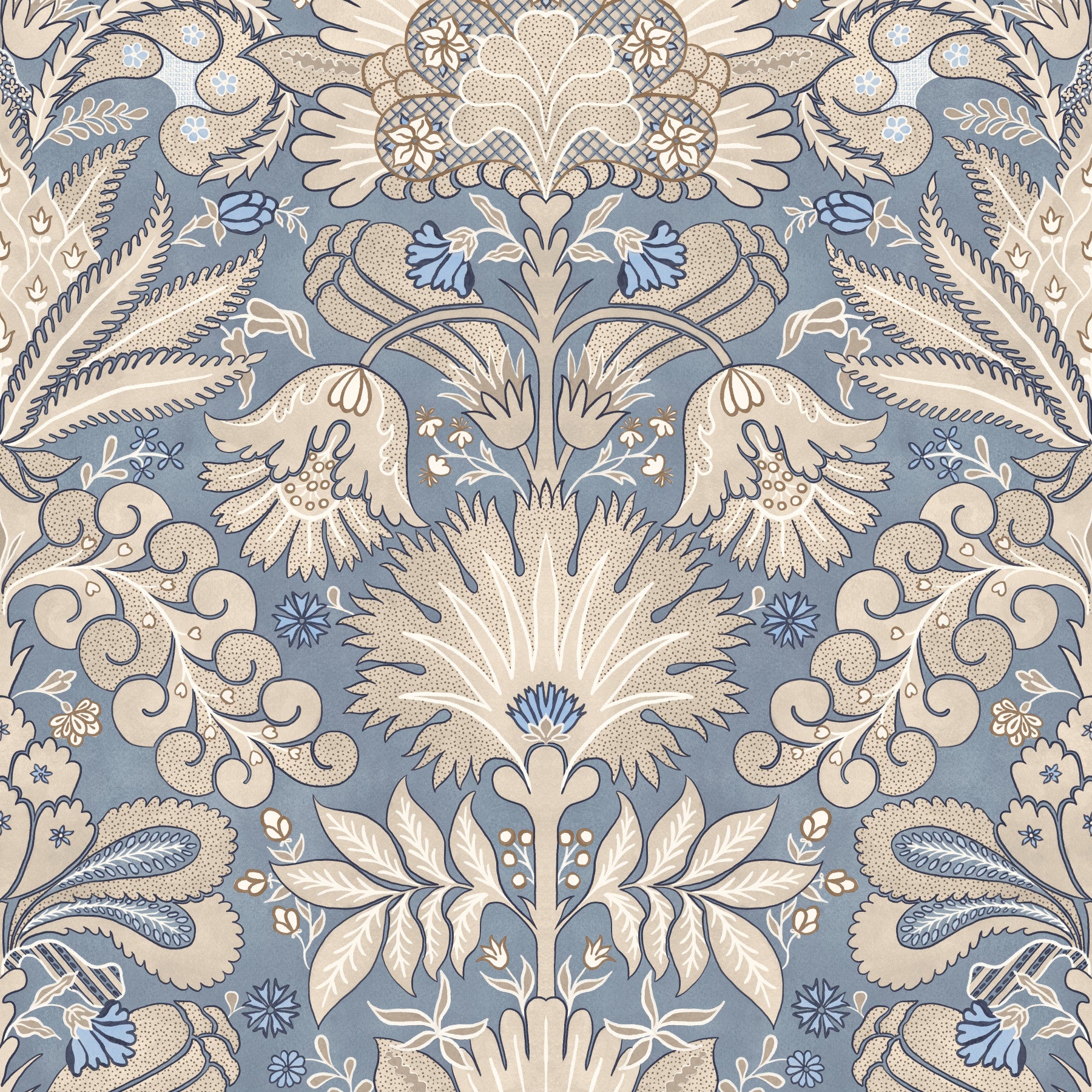 Botanic Damask Cream Slate Blue Grey Wallpaper