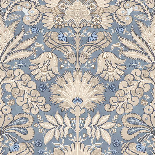 Botanic Damask Cream Slate Blue Grey Wallpaper