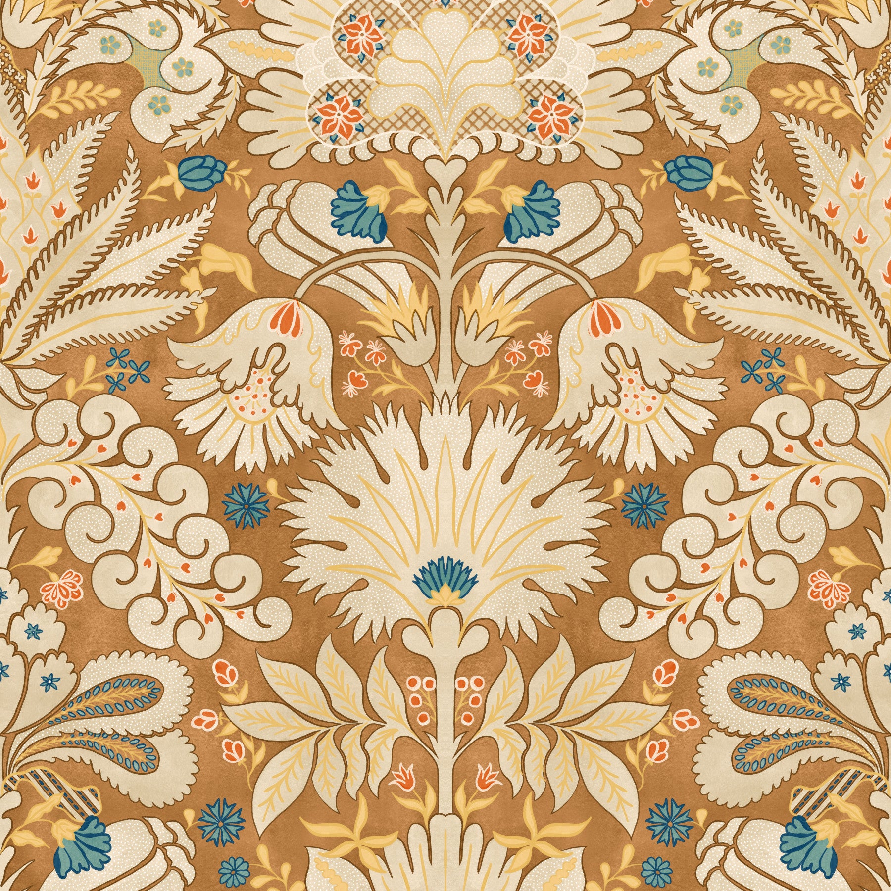 Botanic Damask Cream Rust Wallpaper
