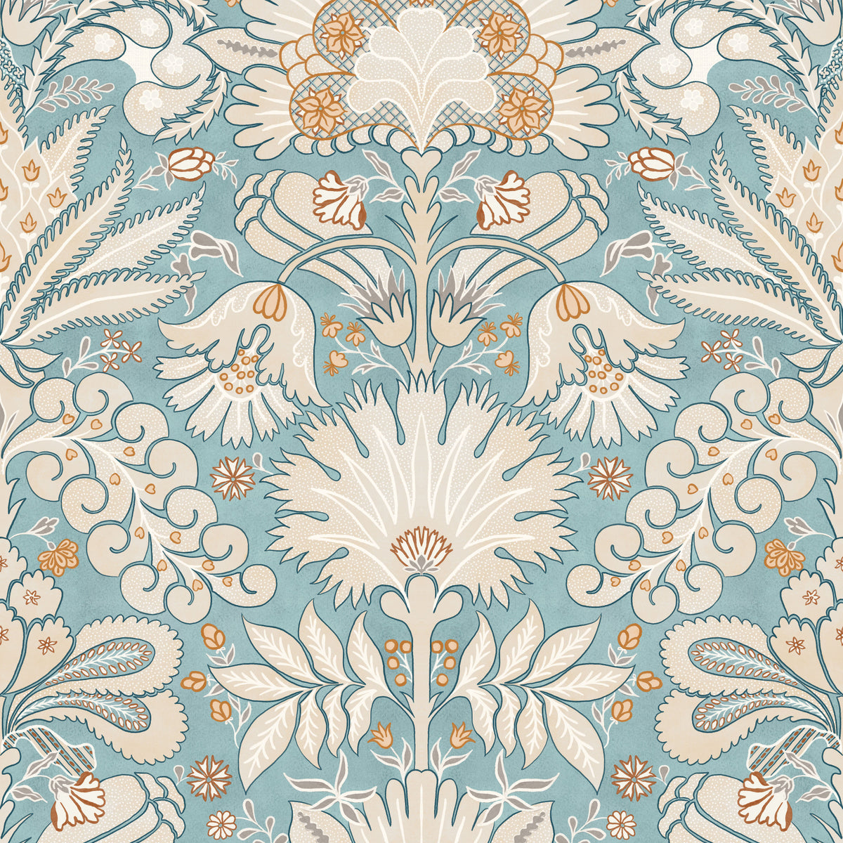 Botanic Damask Cream Aqua Blue Wallpaper