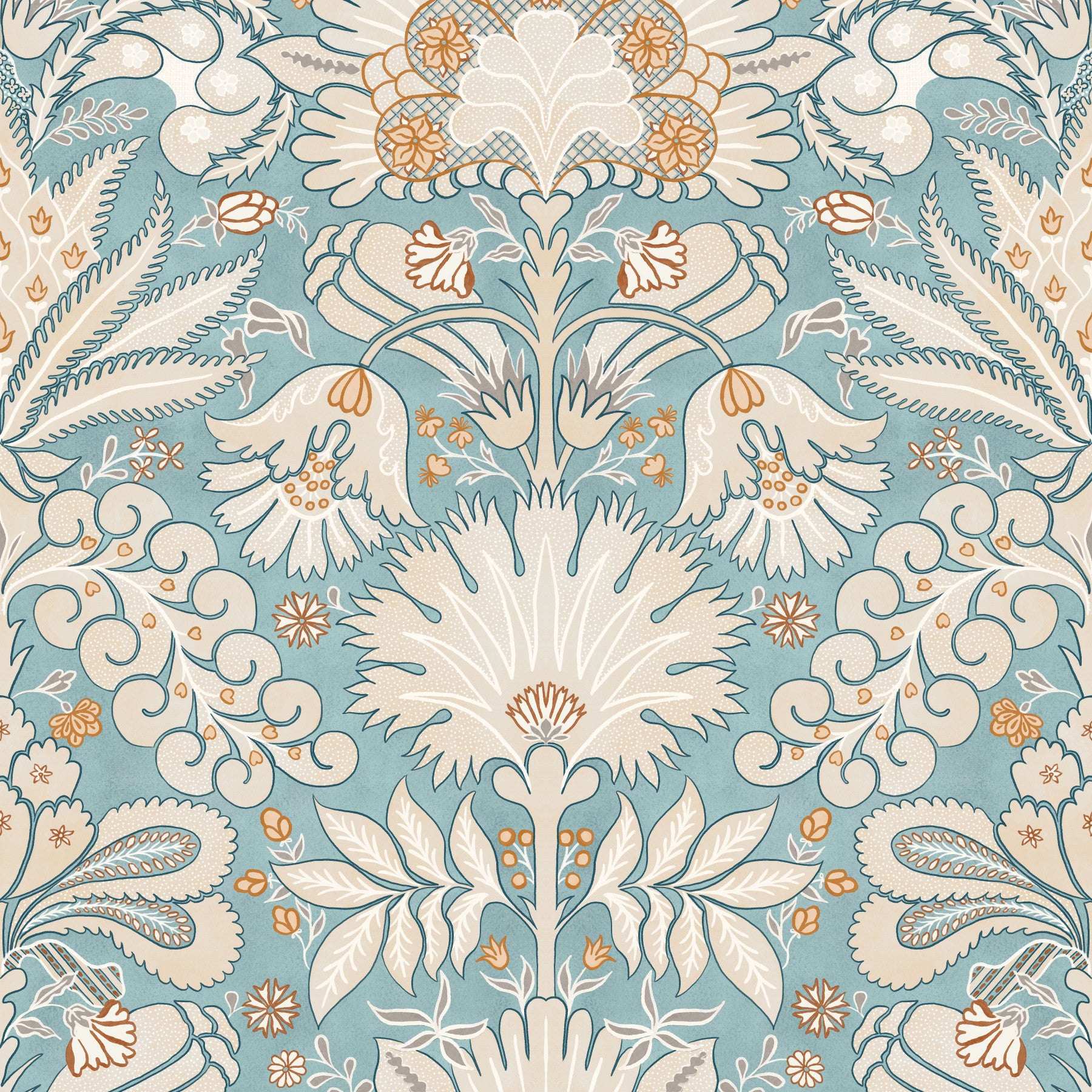 Botanic Damask Cream Aqua Blue Wallpaper in your room — zoomed