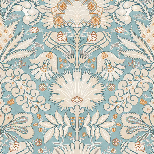 Botanic Damask Cream Aqua Blue Wallpaper