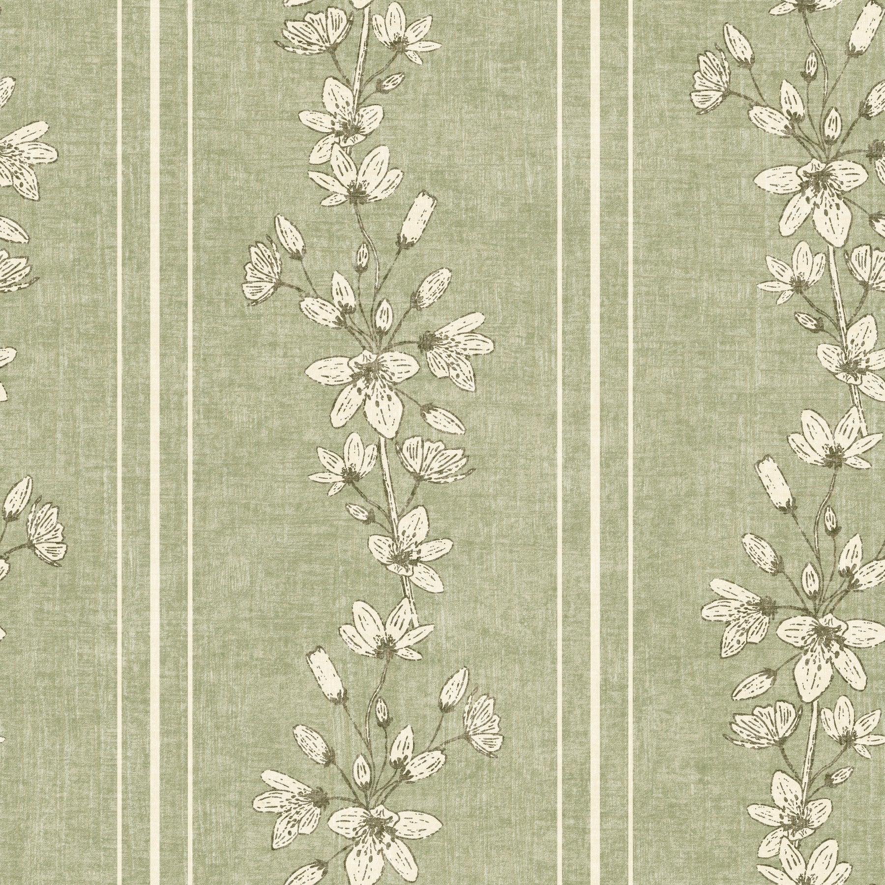 Sage green floral wallpaper with stripe pattern

