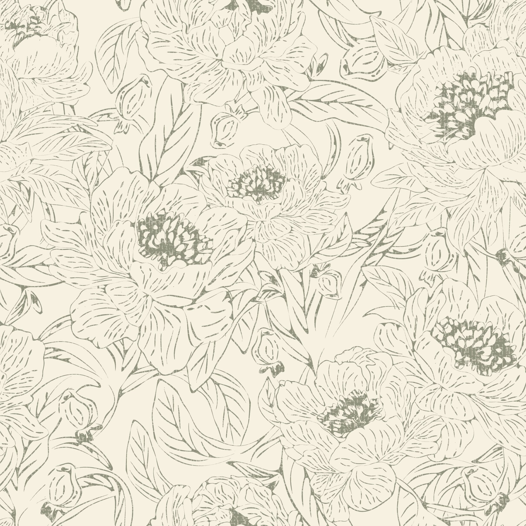 Romantic Peonies Line Art Green Wallpaper⁠