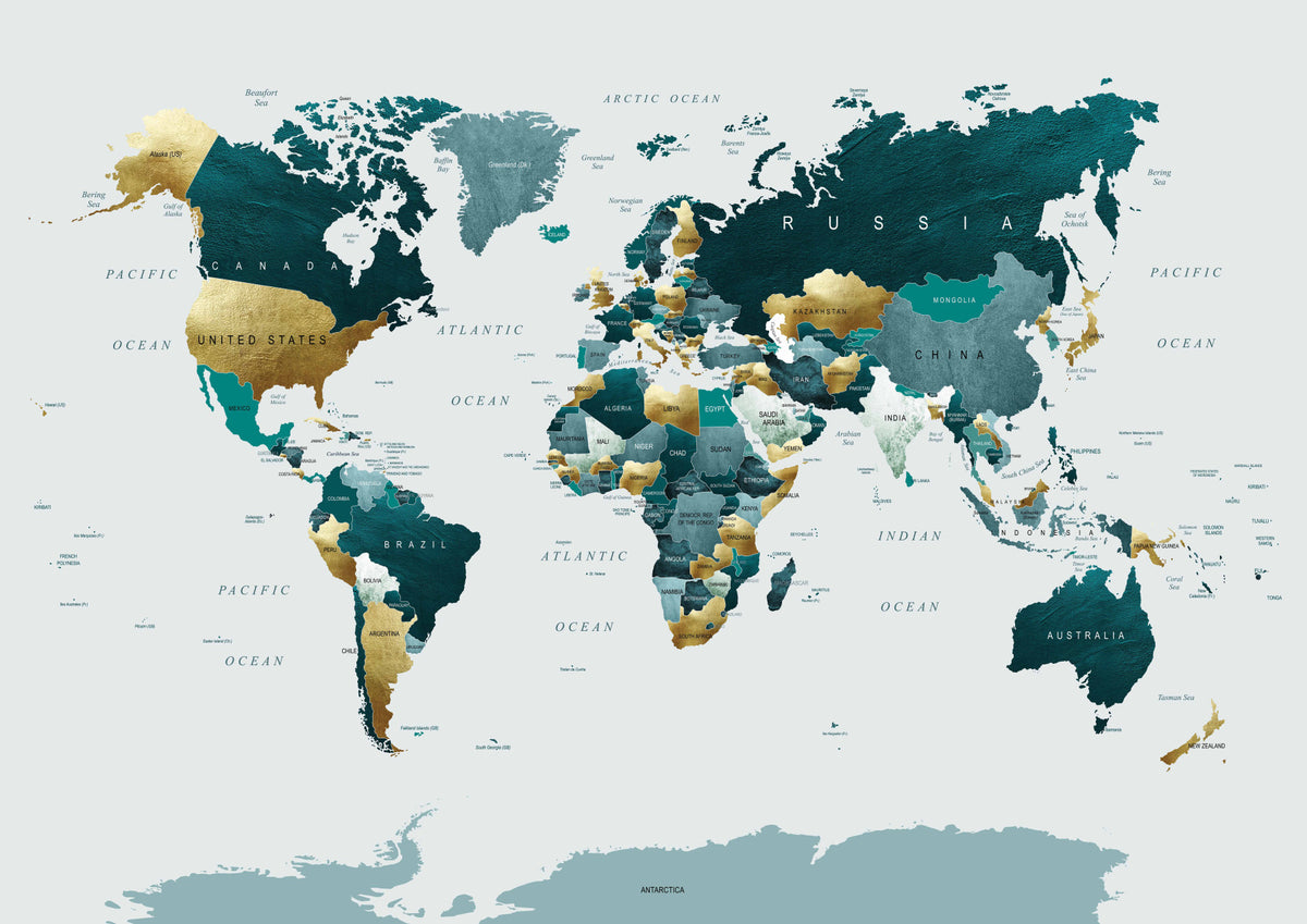 World Map Teal Gold Wall Mural in your room