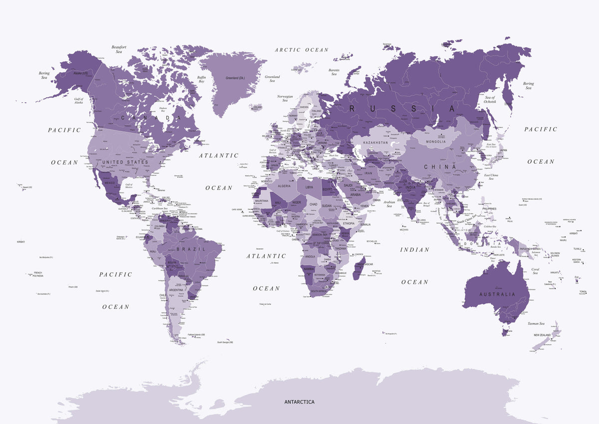 World Map in Purple Wall Mural in your room