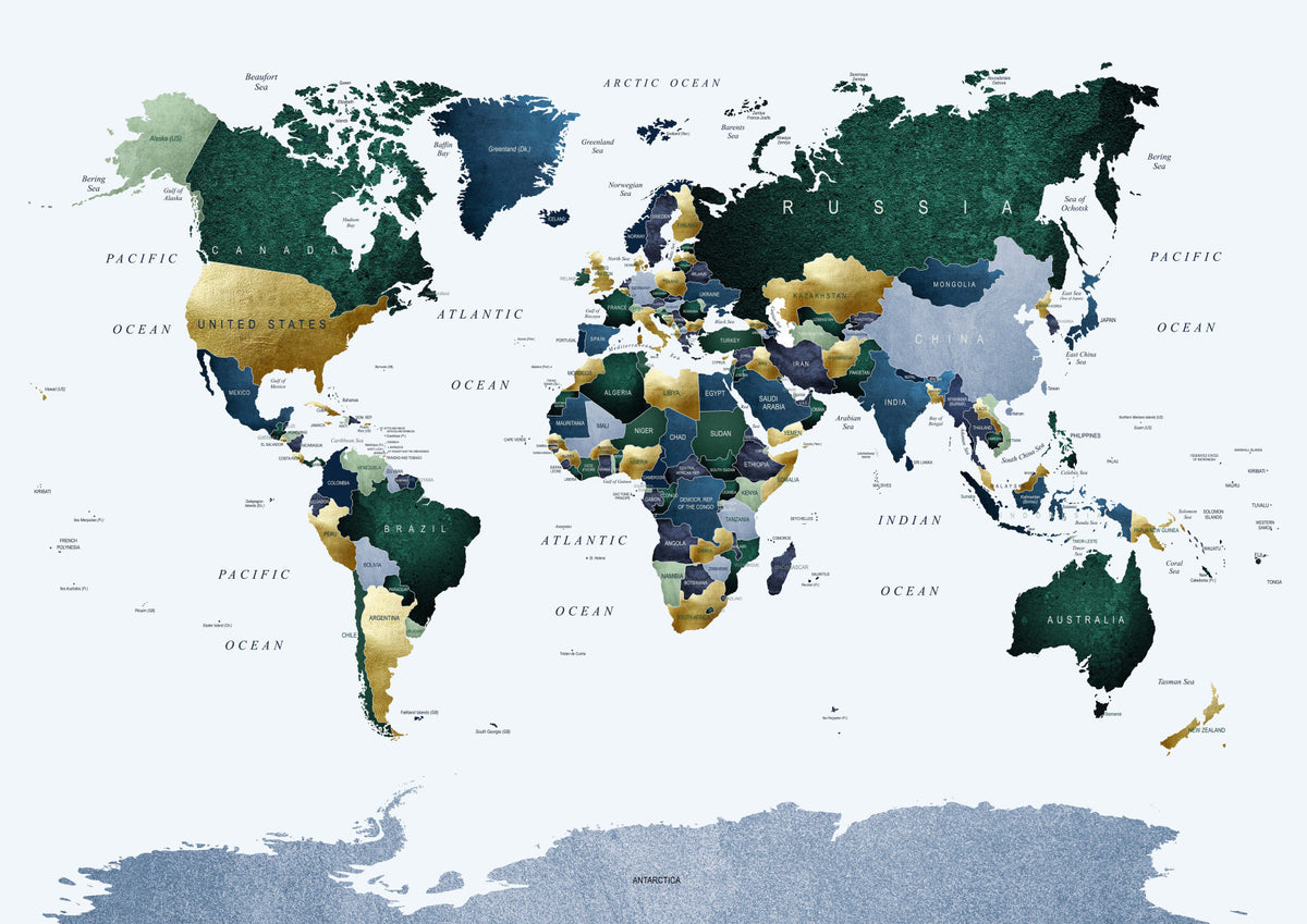 World Map Green Blue Wall Mural in your room