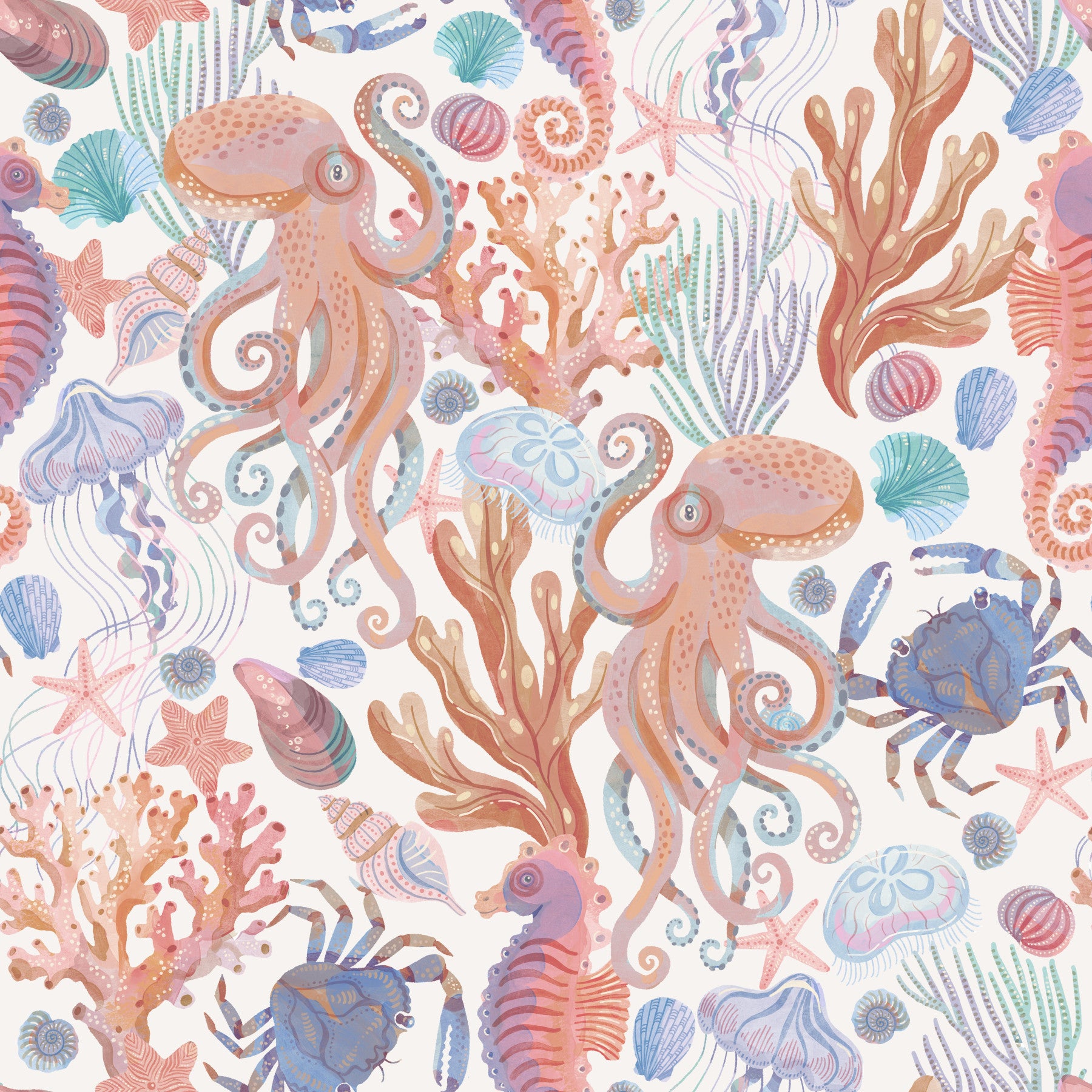 Pastel Coastal Cabin Sea Creatures Wallpaper⁠ in your room — zoomed