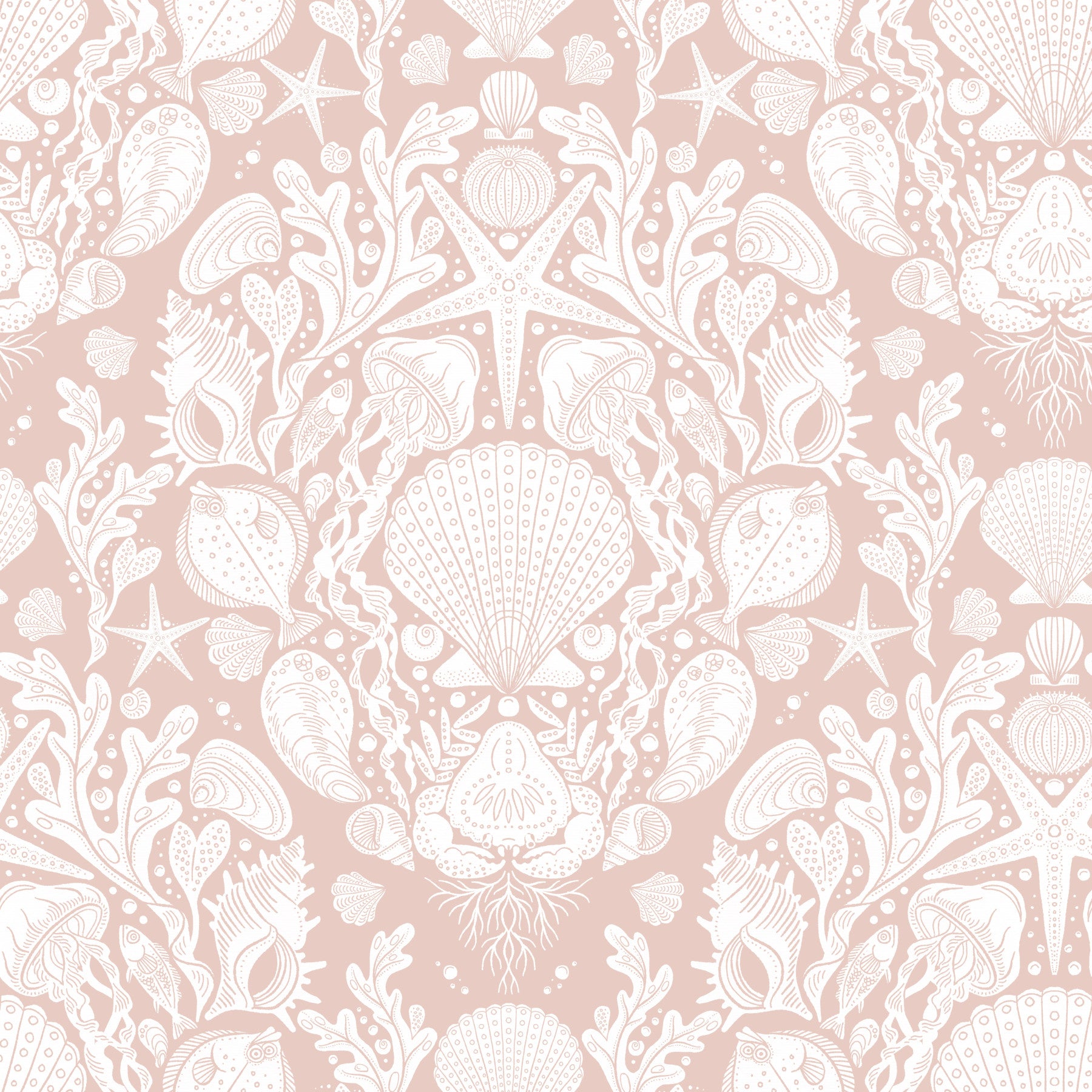 Powder white damask wallpaper with sea motifs

