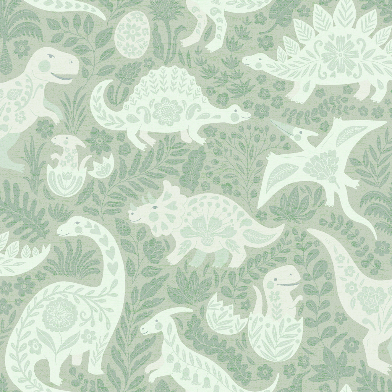 Sage Green Dinosaurs Folk Art   Wallpaper⁠