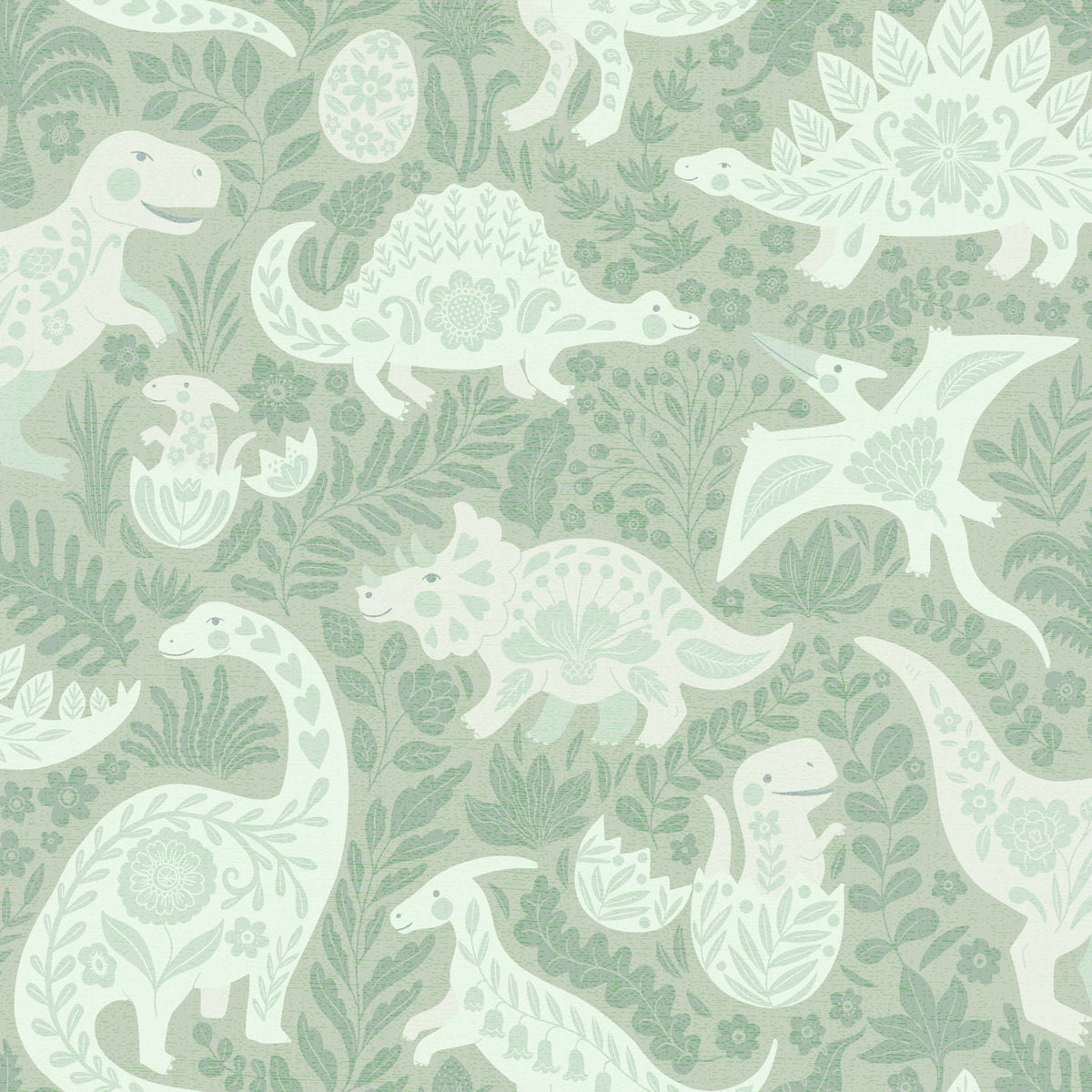 Sage Green Dinosaurs Folk Art   Wallpaper⁠ in your room — zoomed
