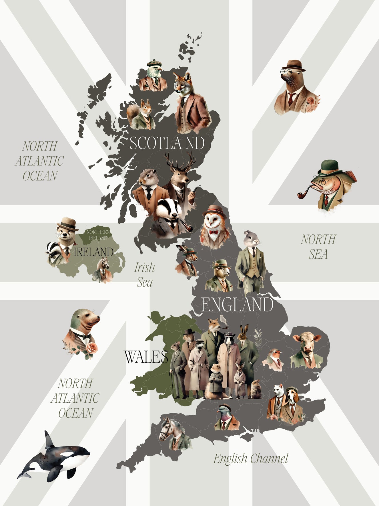 Dapper Creatures of Britain Wall Mural