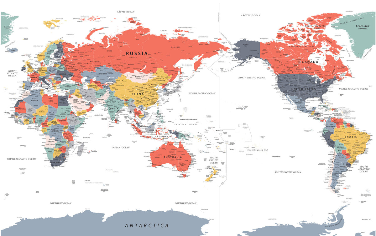 Pacific Centered World Map in Happy Colors Wall Mural in your room — zoomed