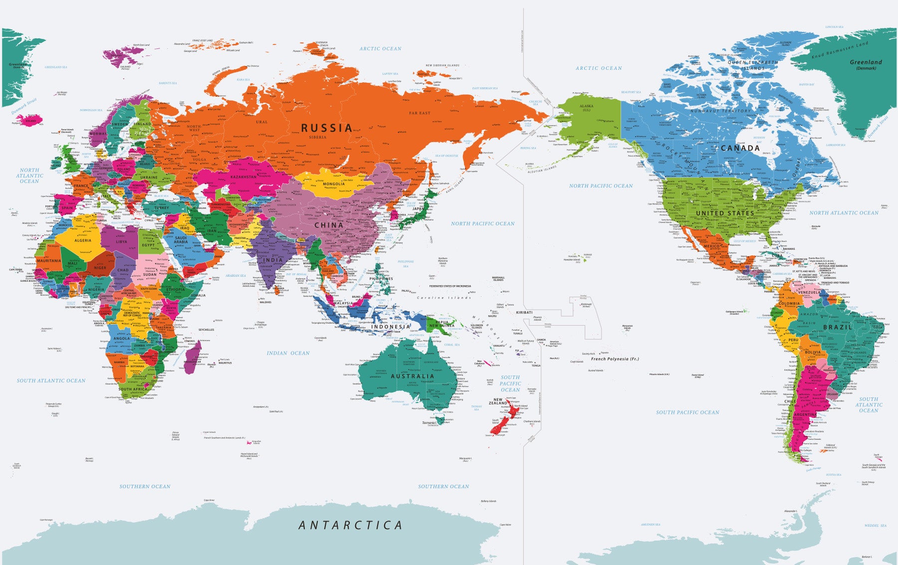 Pacific Centered World Map Fun Colors Wall Mural