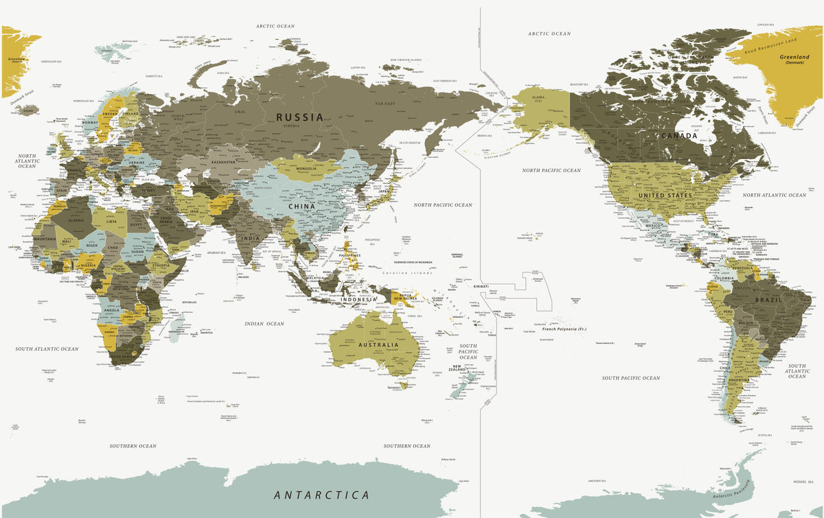 Pacific Centered World Map Olive Green Wall Mural in your room — zoomed