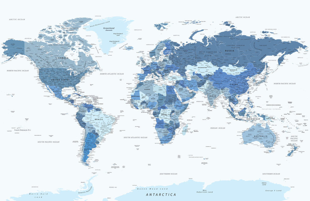 Highly Detailed World Map in Blue Wall Mural in your room — zoomed