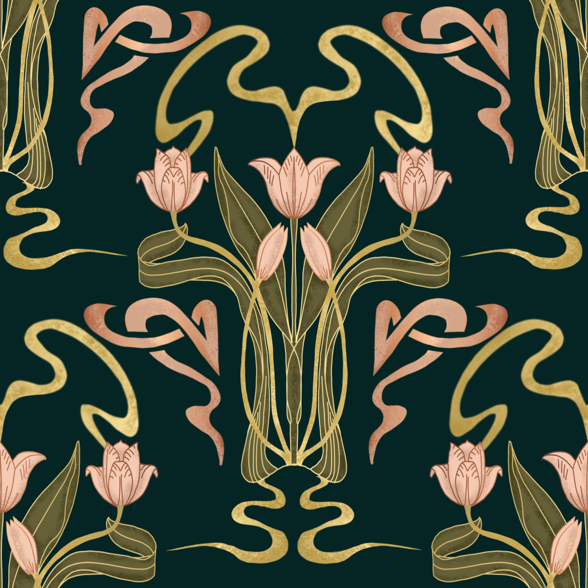 Deco Tulip Bloom  - Art Deco Floral Nouveau Deep Forest Wallpaper⁠