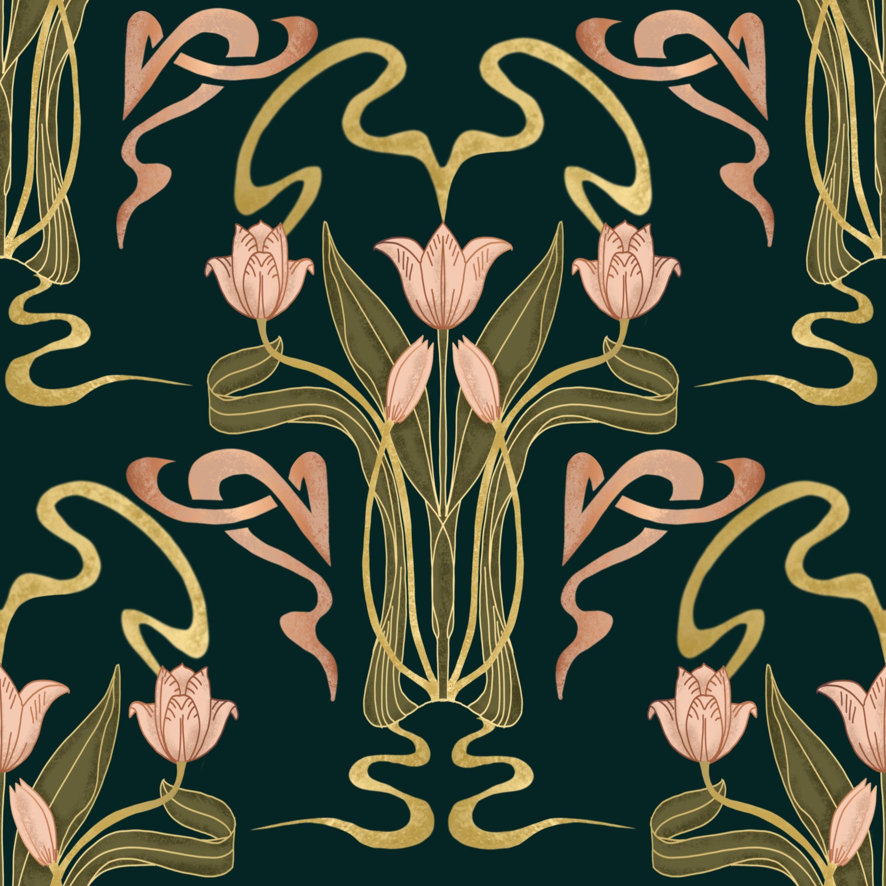 Deco Tulip Bloom  - Art Deco Floral Nouveau Deep Forest Wallpaper⁠ in your room — zoomed