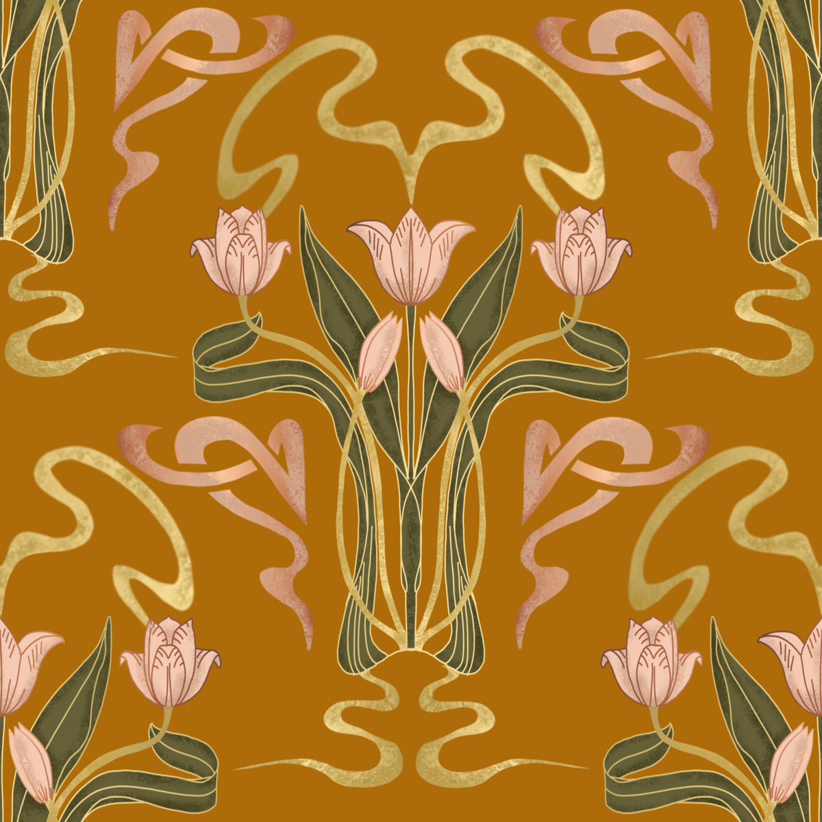 Deco Tulip Bloom  - Art Deco Floral Nouveau Golden Ochre Wallpaper⁠