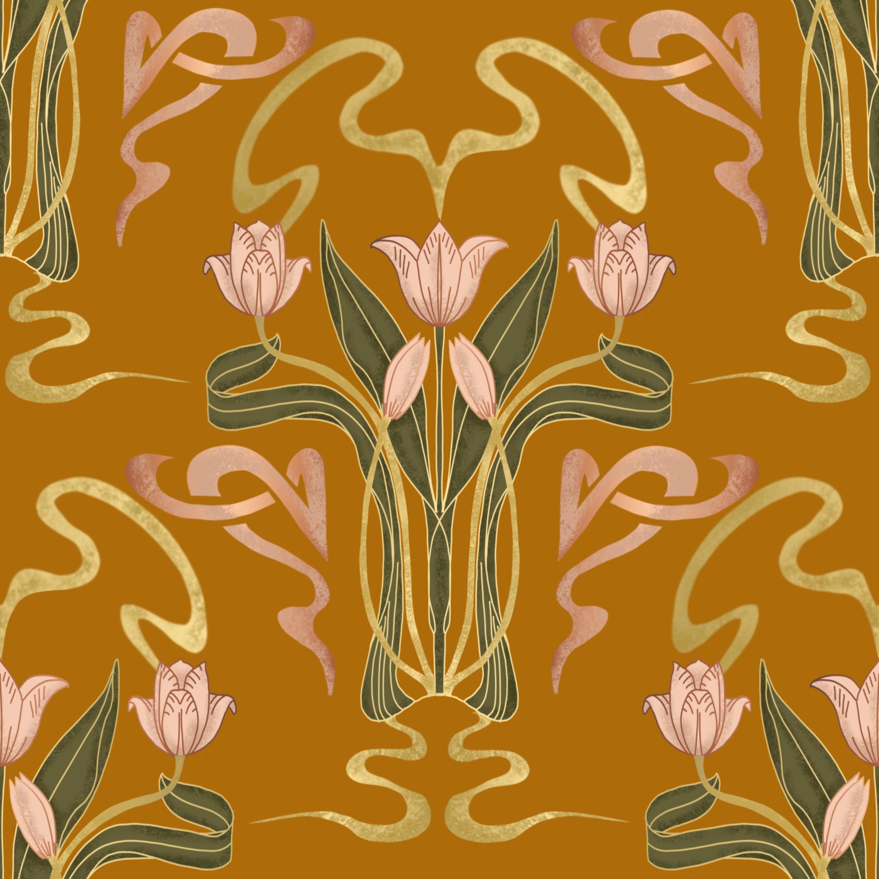 Deco Tulip Bloom  - Art Deco Floral Nouveau Golden Ochre Wallpaper⁠ in your room — zoomed