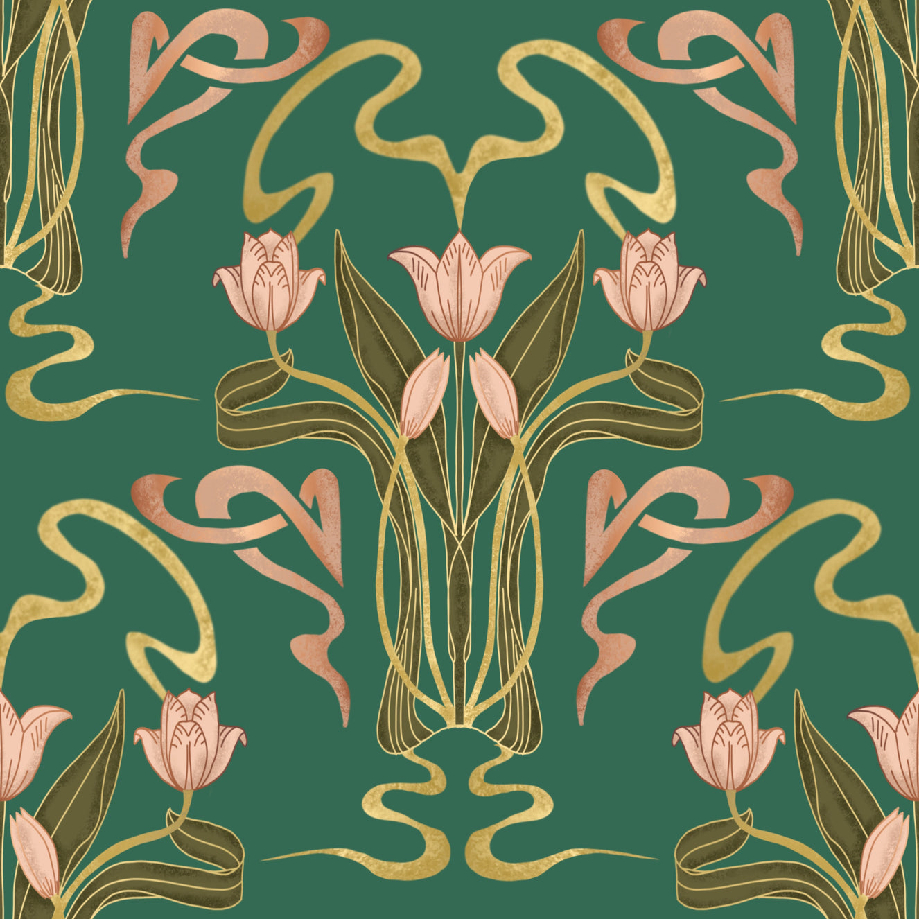Deco Tulip Bloom  - Art Deco Floral Nouveau Forest Grove Wallpaper⁠