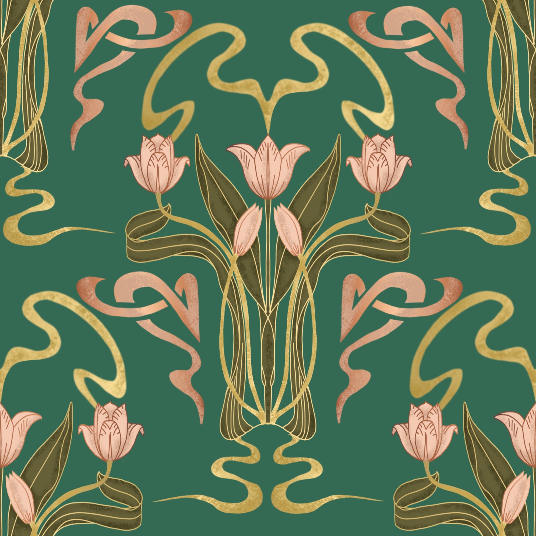 Deco Tulip Bloom  - Art Deco Floral Nouveau Forest Grove Wallpaper⁠