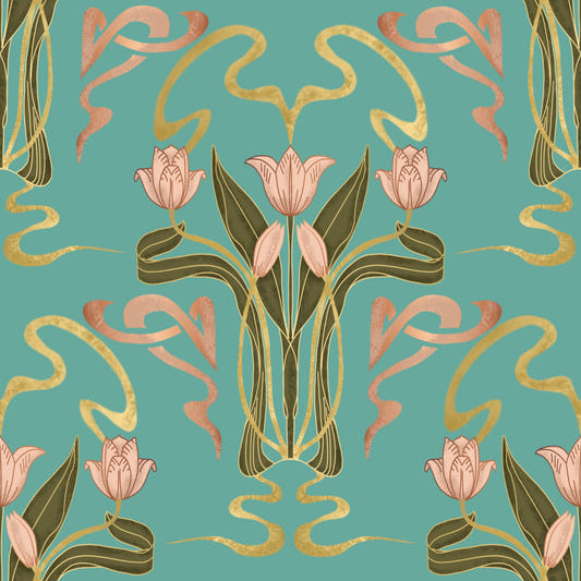 Deco Tulip Bloom  - Art Deco Floral Nouveau Serene Aqua Wallpaper⁠
