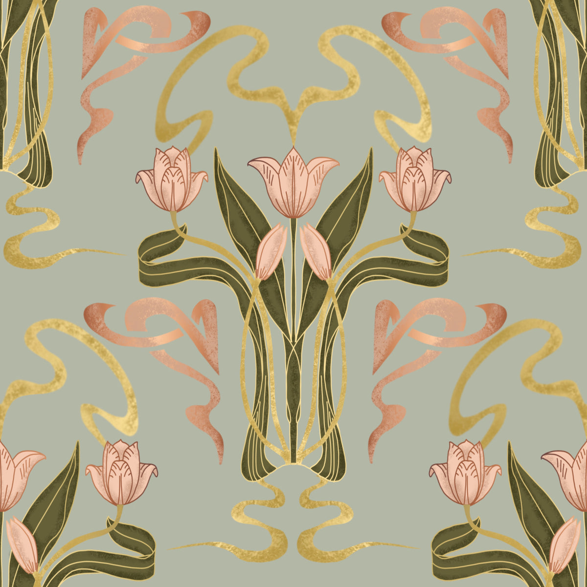 Deco Tulip Bloom  - Art Deco Floral Nouveau Muted Sage Grey Wallpaper⁠ in your room