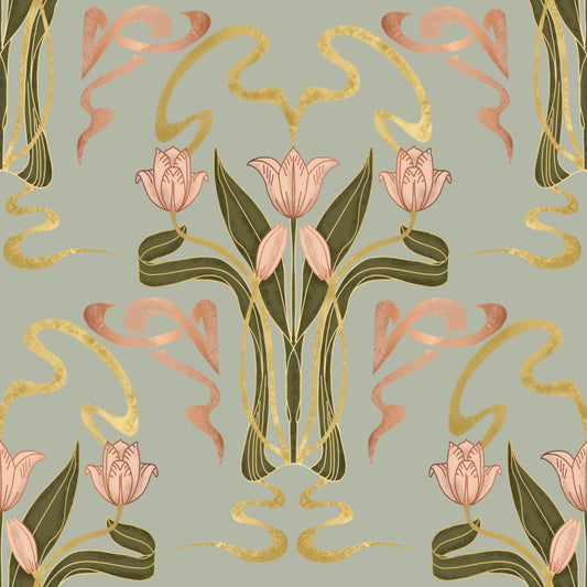 Deco Tulip Bloom  - Art Deco Floral Nouveau Muted Sage Grey Wallpaper⁠