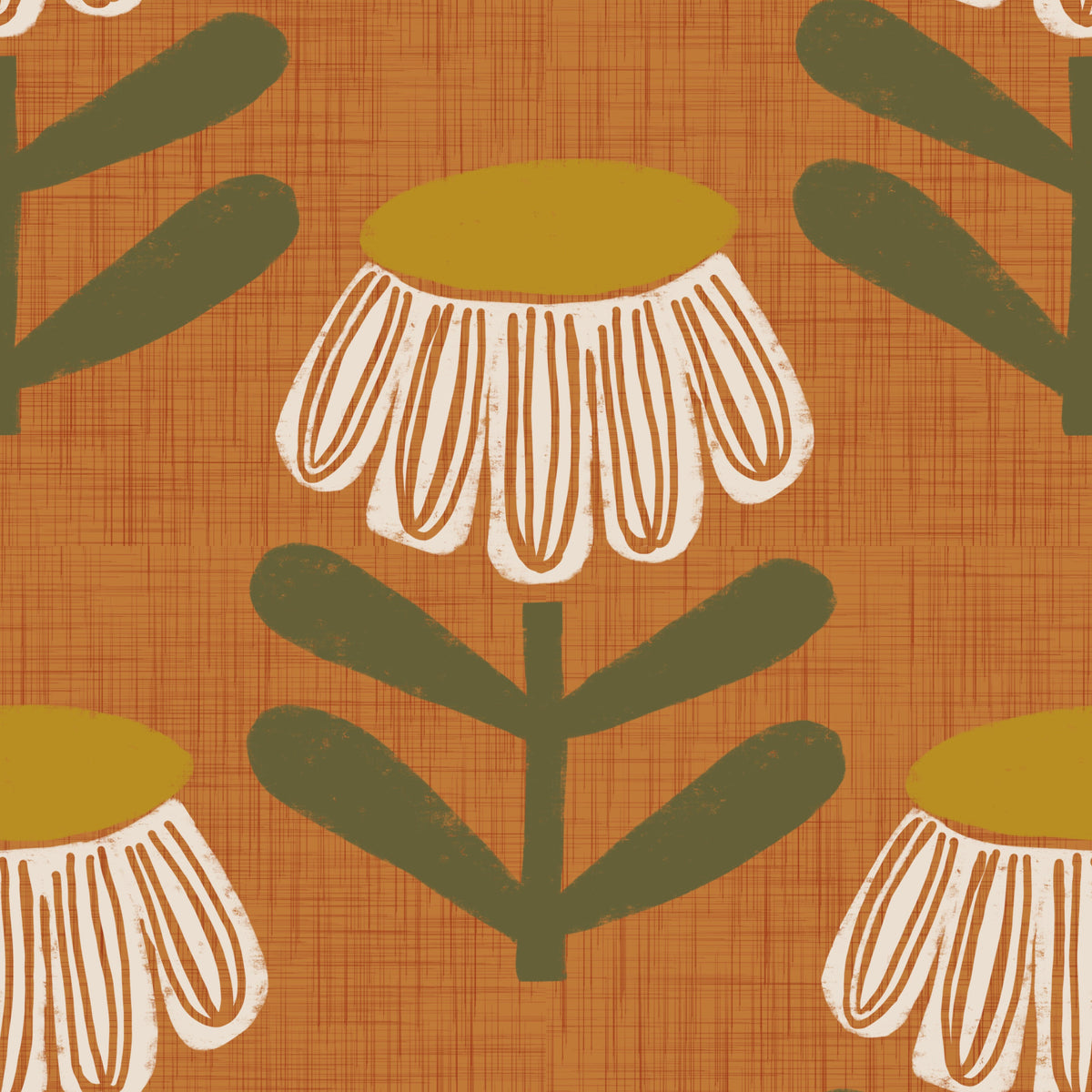 Retro Floral Burnt Orange - Mid Century Modern Daisy Wallpaper⁠ in your room — zoomed