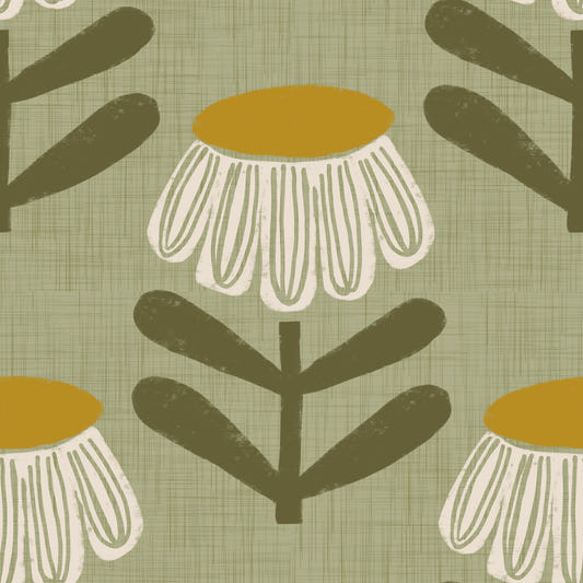 Retro Floral Sage - Mid Century Modern Daisy Wallpaper⁠