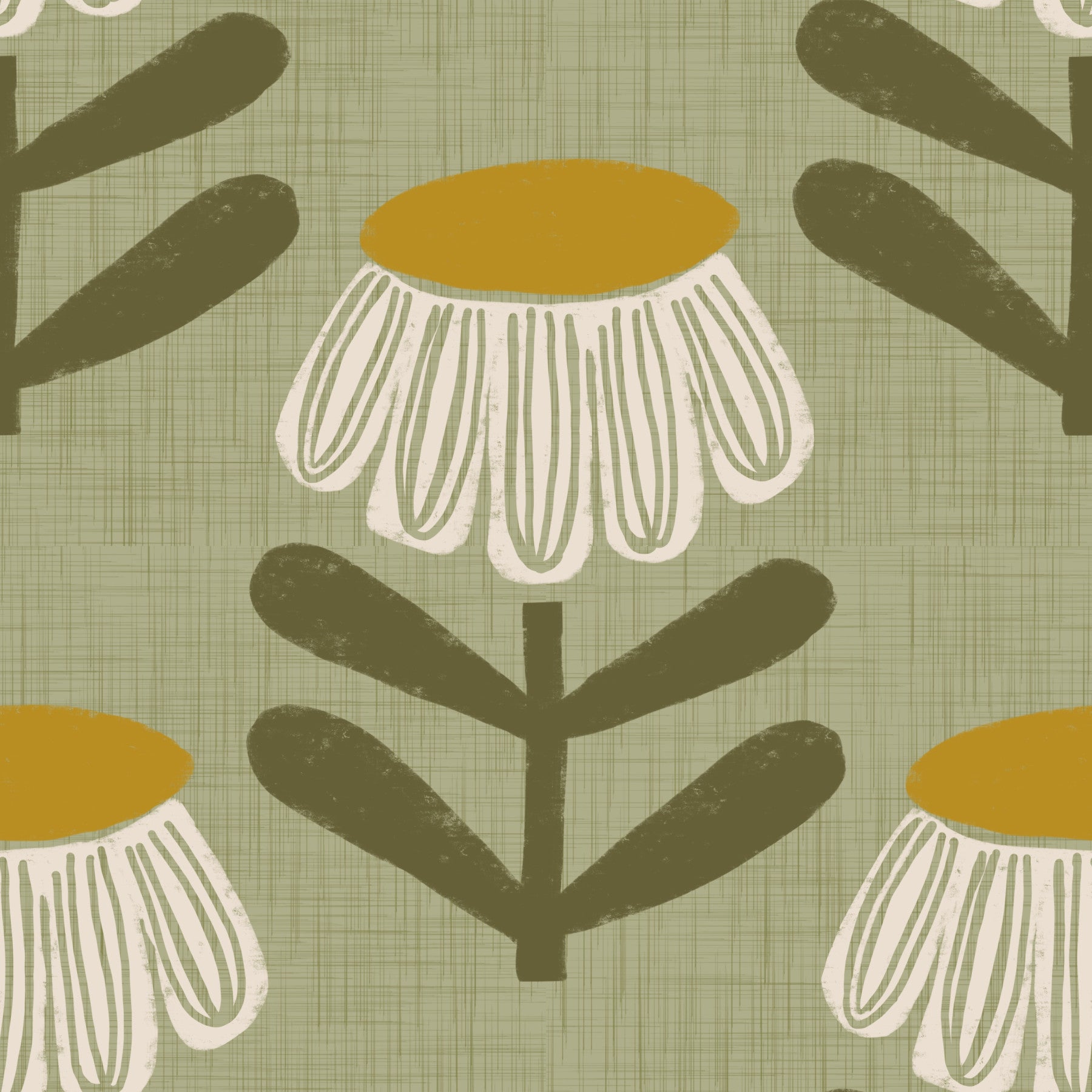 Retro Floral Sage - Mid Century Modern Daisy Wallpaper⁠