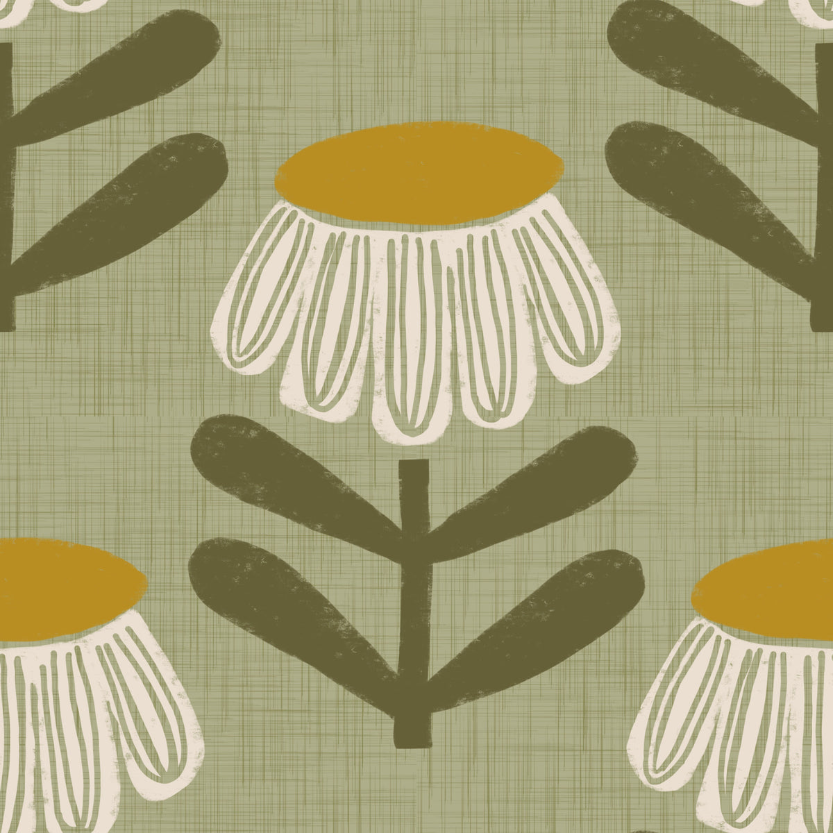 Retro Floral Sage - Mid Century Modern Daisy Wallpaper⁠ in your room — zoomed