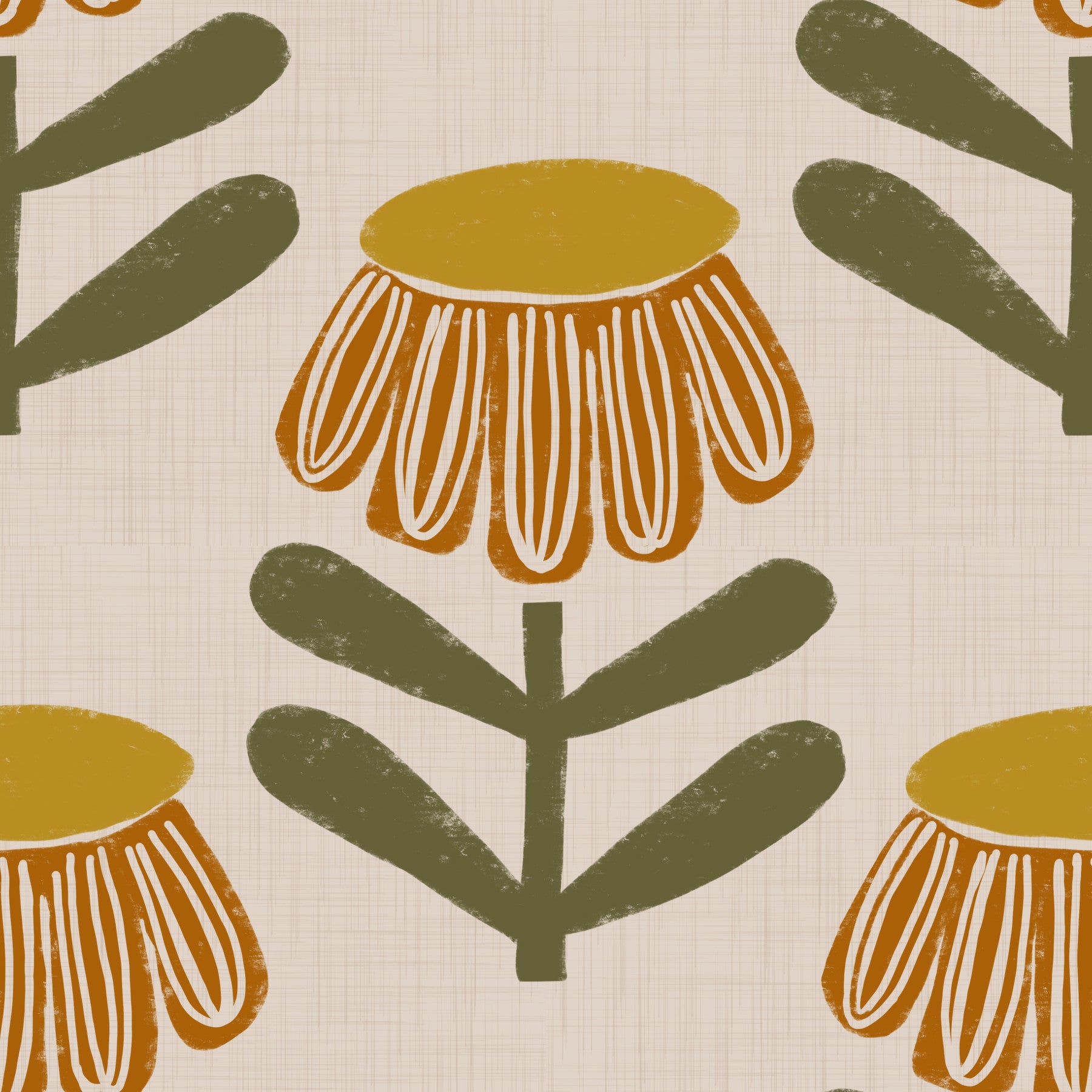 Retro Floral Mustard - Mid Century Modern Daisy Wallpaper⁠