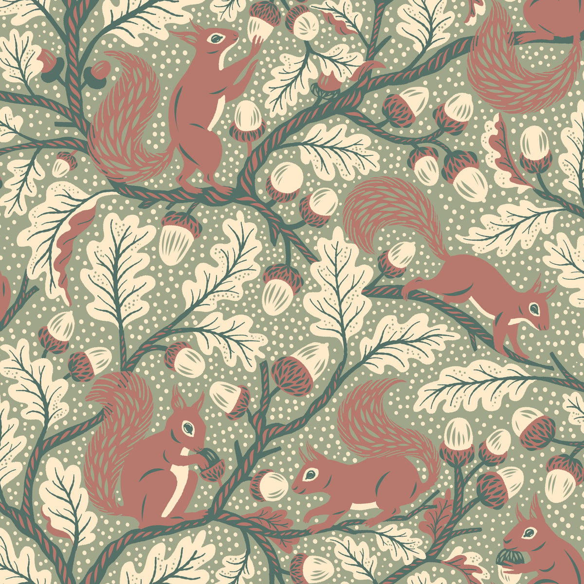 Squirrels in Oak tree - Green Wallpaper⁠