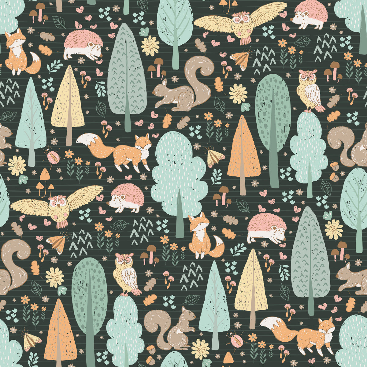 Playful Woodland Nursery Animals Dark Green Background Wallpaper⁠ in your room — zoomed