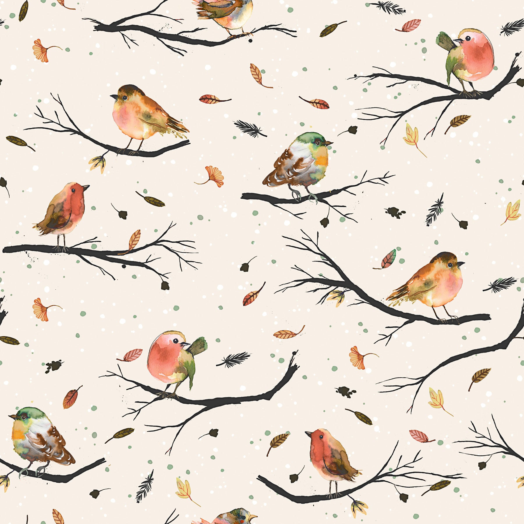 Birds Branches Robin Red Wallpaper⁠ in your room — zoomed