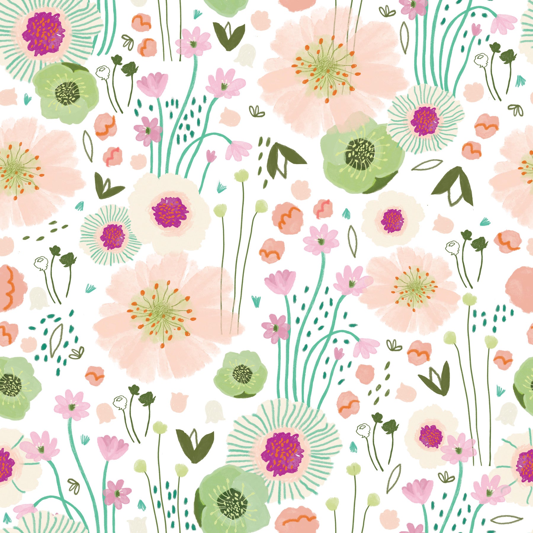 White wallpaper with tiny ditsy floral prints

