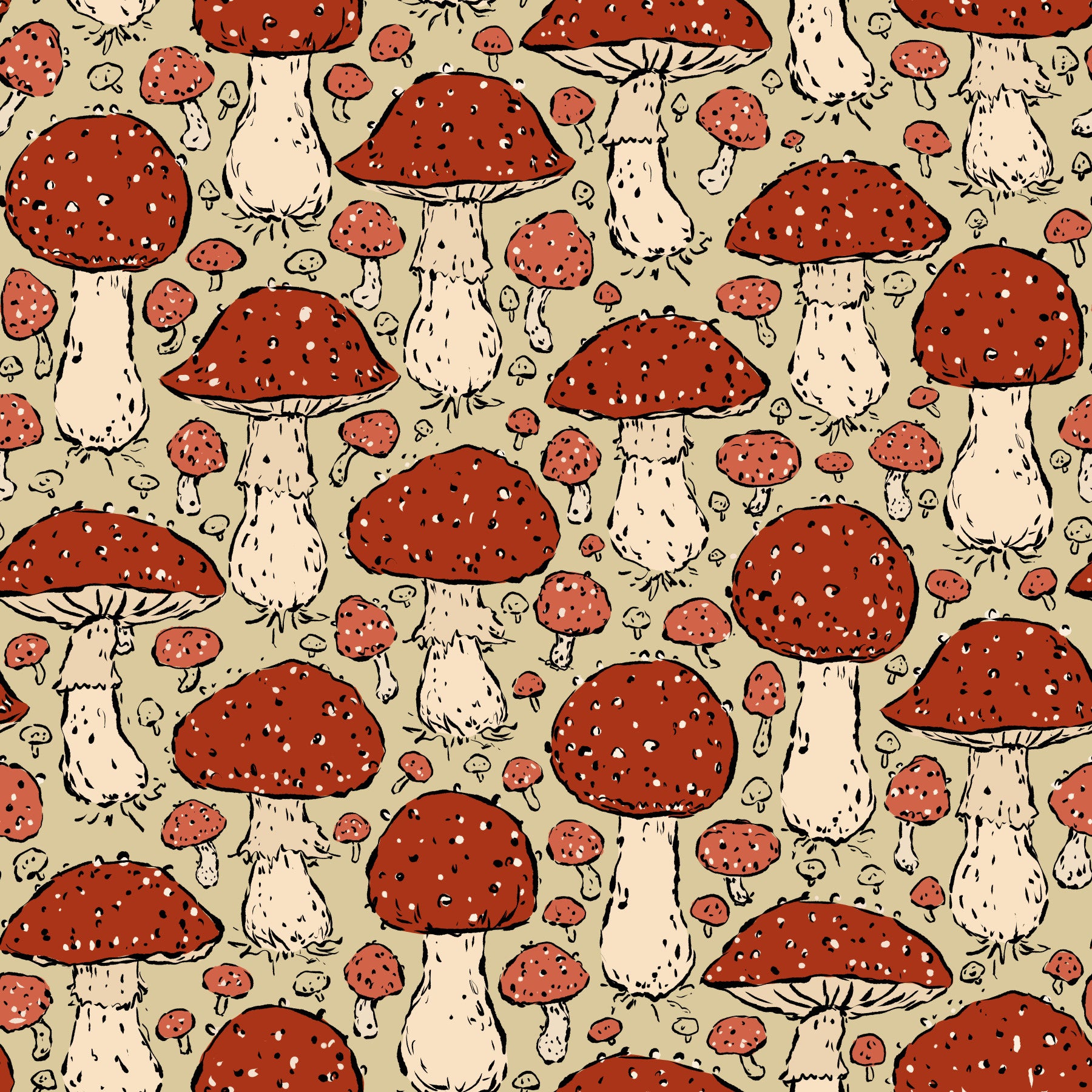 Mushroomcore wallpaper with red and beige tones

