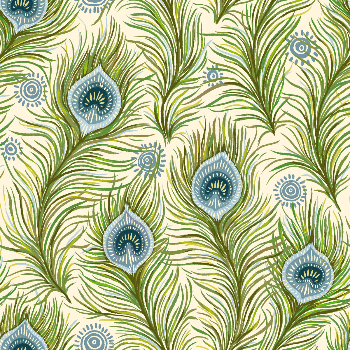 Boho Chic Peacock Feathers - Blue and Green Wallpaper⁠ in your room — zoomed