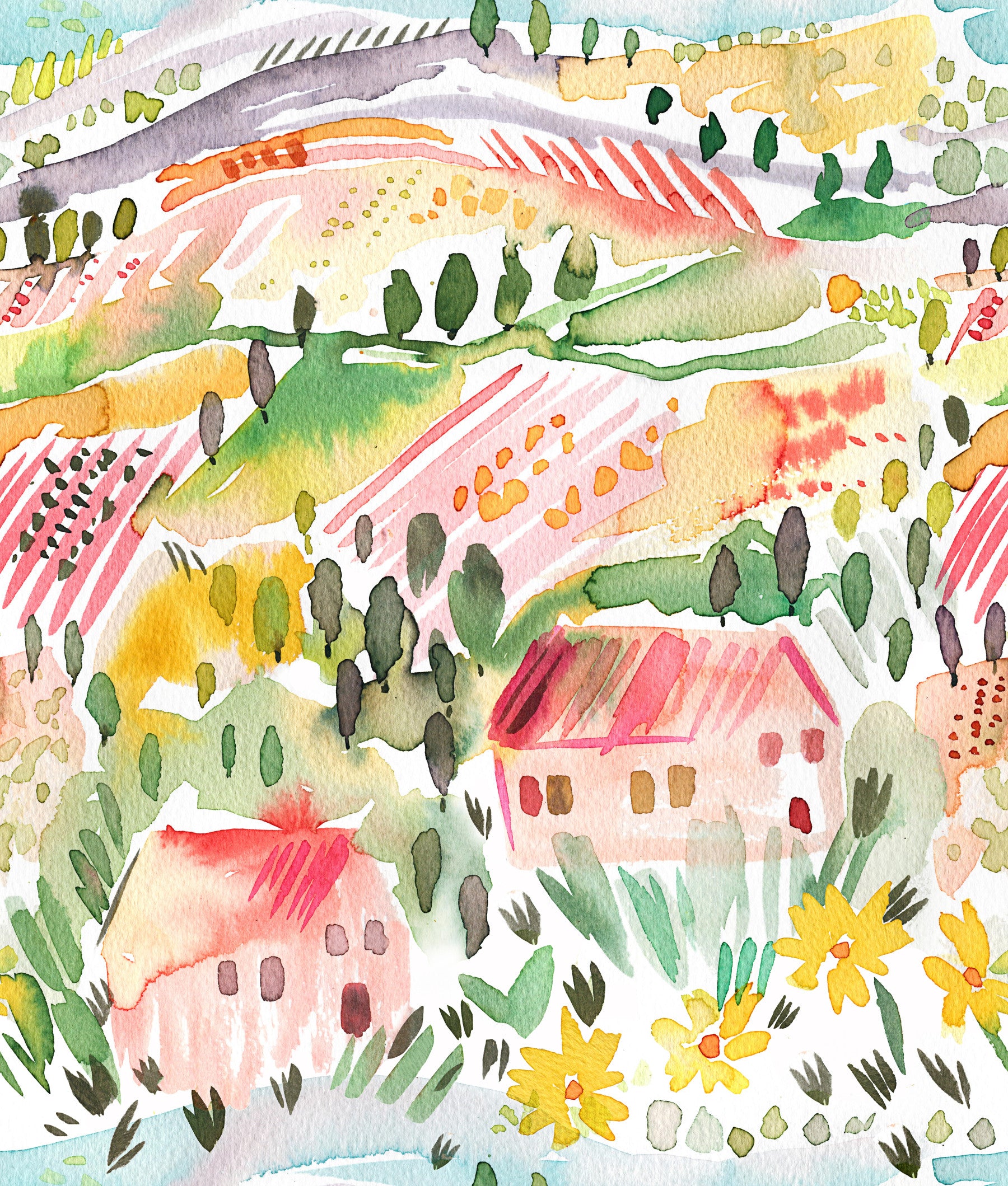 Landscape Tuscany Watercolor Wallpaper⁠