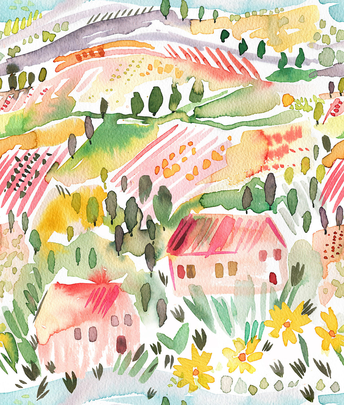 Landscape Tuscany Watercolor Wallpaper⁠ in your room — zoomed
